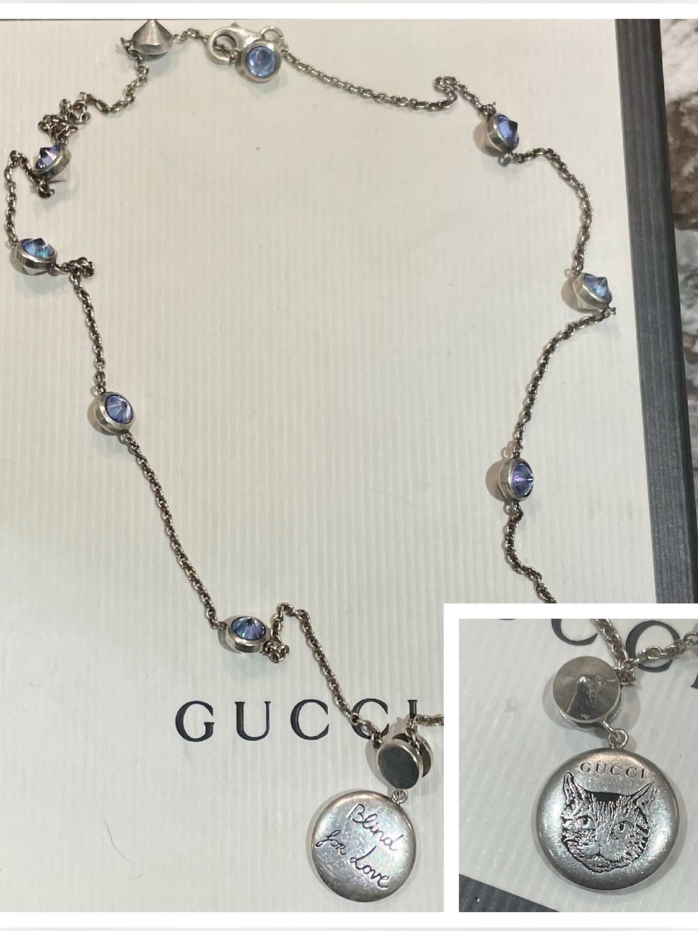 GUCCI~RARE "Blind for Love" Blue Ag975 Sterling Silver Necklace